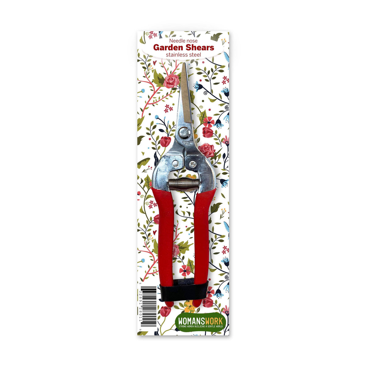Barking Gardener stainless steel compact pruning shears with red handles and needle nose blades on floral packaging.