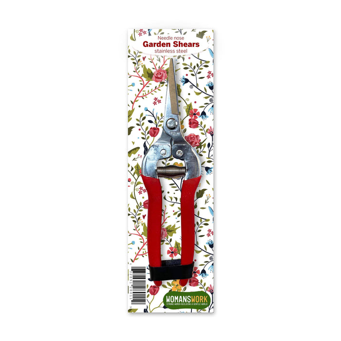 Barking Gardener stainless steel compact pruning shears with red handles and needle nose blades on floral packaging.