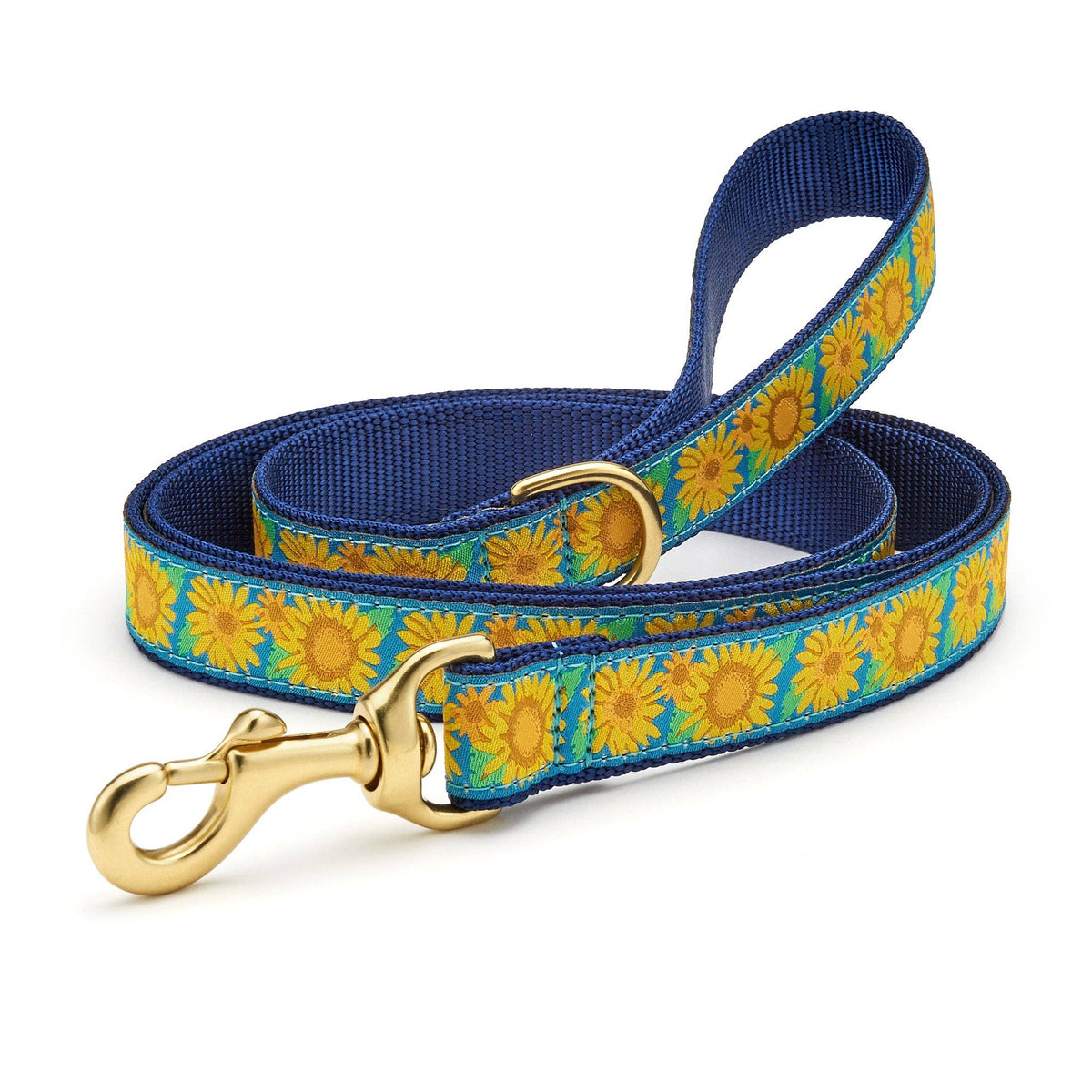 Barking Gardener sunflower print dog leash in navy blue nylon with gold-tone metal swivel clip on white background