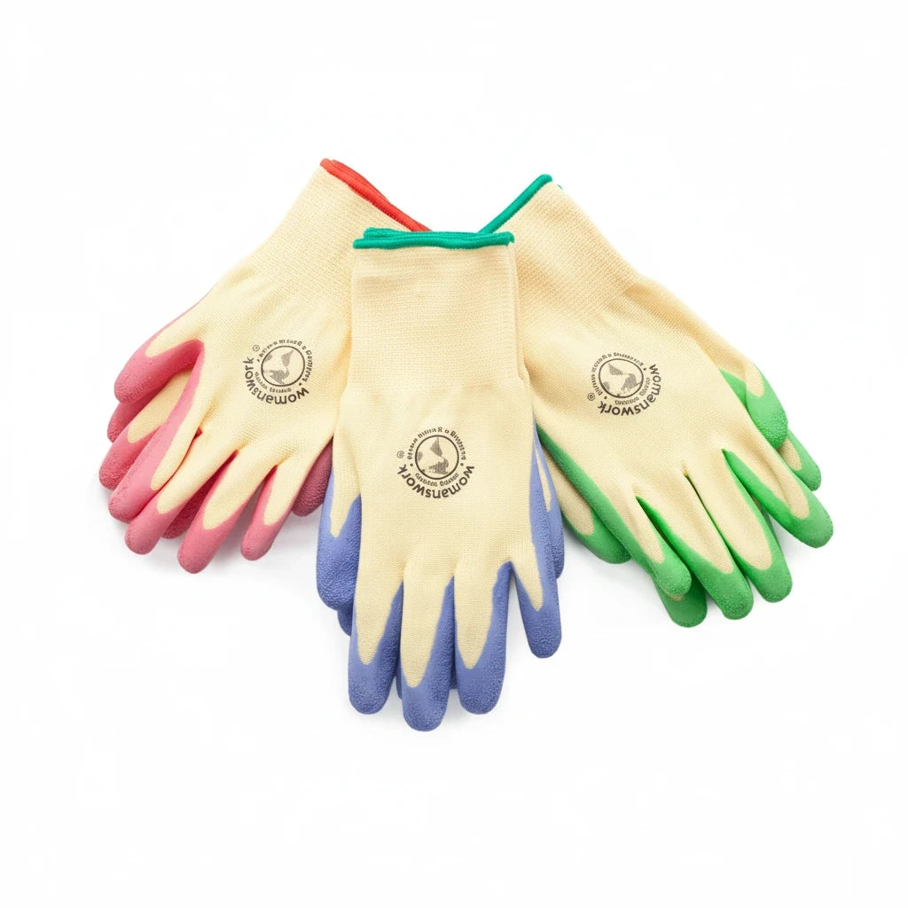 Barking Gardener Womanswork protective gardening gloves with textured grip palms in pink, blue, and green colorways.