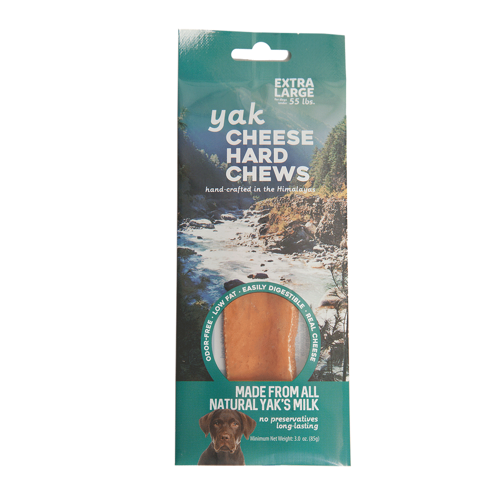 Barking Gardener extra large yak cheese hard dog chew in packaging with Himalayan landscape and chocolate lab photo