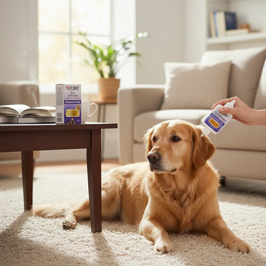 Barking Gardener ZYMOX ear solution being applied to a golden retriever's ear in a cozy living room setting.