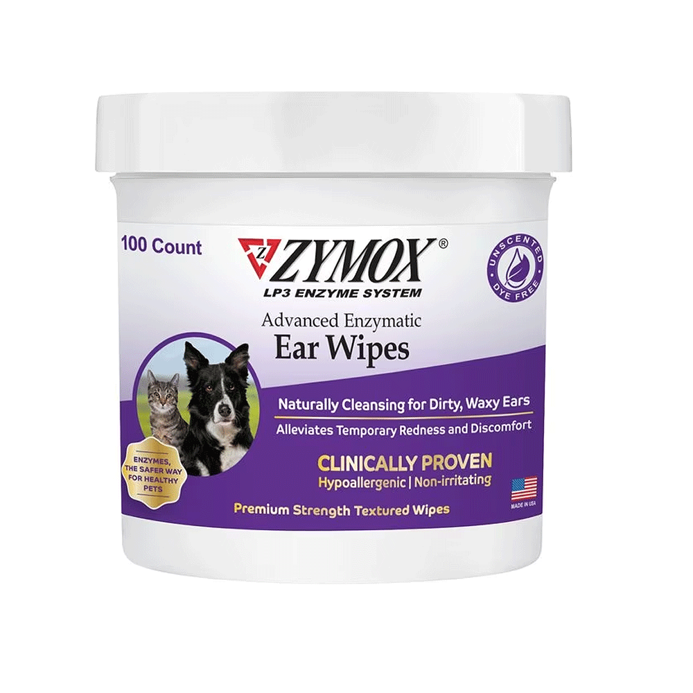 Barking Gardener ZYMOX Advanced Enzymatic Ear Wipes for dogs and cats in a 100 count jar for gentle ear cleaning.