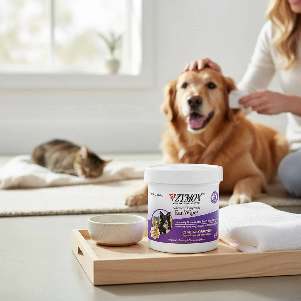 Barking Gardener ZYMOX Advanced Enzymatic Ear Wipes jar for dogs and cats on a wooden tray with a pet owner cleaning a dog